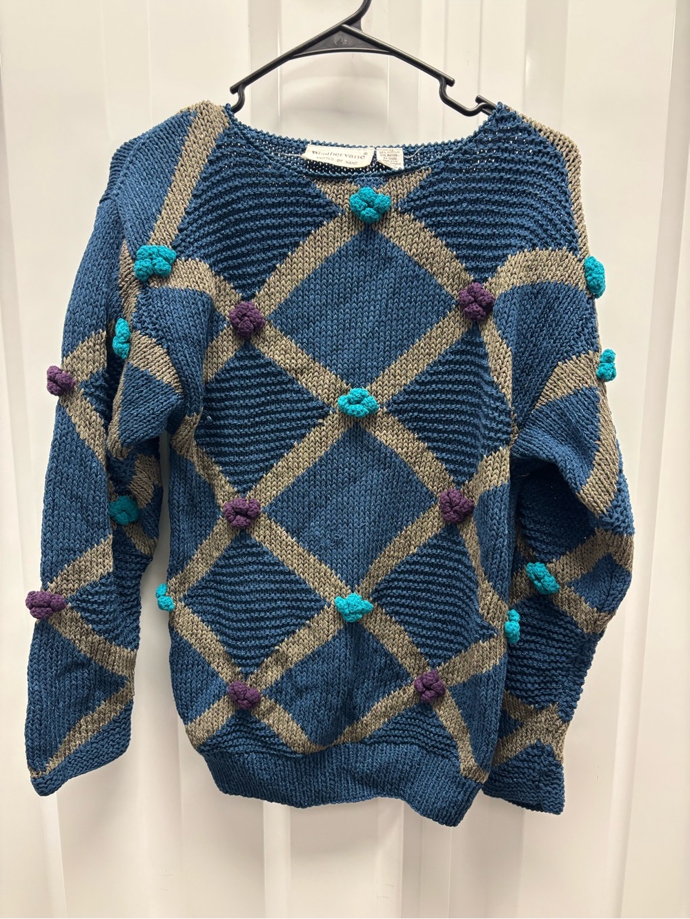 Blue Unique hand knitted Argyle Pom-Pom Women's Sweater Vintage